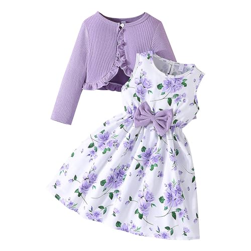 JiAmy Mädchen Kleider und Strickjacke 2Pcs Outfits Set Kleinkind Langarm Gestrickt Rüschen Mantel Floral Print Freizeitkleid Herbst Kleidung für 6 Jahre Violett Blume von JiAmy