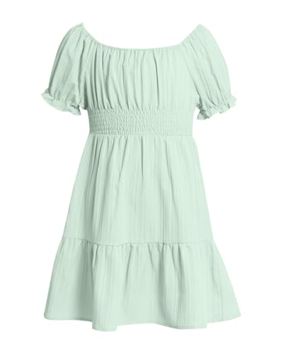 JiAmy Mädchen Sommerkleid Rüschen Puffärmel Lässige Mädchenkleider Rundhals Kleid Kinder Party A-Linie Swingkleid Elegante Kleider für 5-6 Jahre,Grün von JiAmy