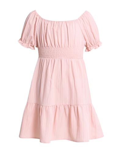 JiAmy Mädchen Sommerkleid Rüschen Puffärmel Lässige Mädchenkleider Rundhals Kleid Kinder Party A-Linie Swingkleid Elegante Kleider für 5-6 Jahre,Rosa von JiAmy