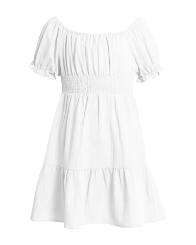 JiAmy Mädchen Sommerkleid Rüschen Puffärmel Lässige Mädchenkleider Rundhals Kleid Kinder Party A-Linie Swingkleid Elegante Kleider für 5-6 Jahre,Weiß von JiAmy