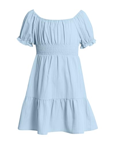 JiAmy Mädchen Sommerkleid Rüschen Puffärmel Lässige Mädchenkleider Rundhals Kleid Kinder Party A-Linie Swingkleid Elegante Kleider für 7-8 Jahre,Blau von JiAmy