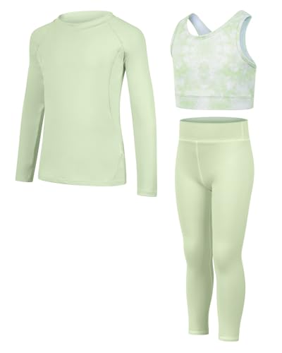 JiAmy Mädchen Yoga Leggings Mädchen Athletic Leggings Training Bras Set Kinder Gym Crop Tank Top Activewear Set für 5-6 Jahre Grün von JiAmy