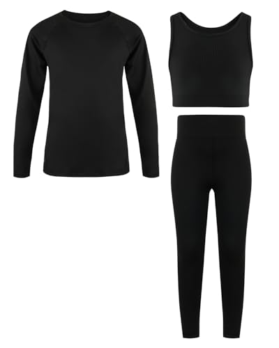 JiAmy Mädchen Yoga Leggings Mädchen Athletic Leggings Training Bras Set Kinder Gym Crop Tank Top Activewear Set für 5-6 Jahre Schwarz von JiAmy