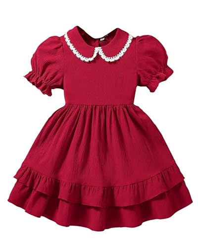 JiAmy Mädchenkleid Puffärmeln Kinder Sommerkleid Peter-Pan-Kragen Vintage Prinzessinnenkleid Doppel-Rüschensaum Etagenkleid für Kleinkinder 3-4 Jahre, Rot von JiAmy