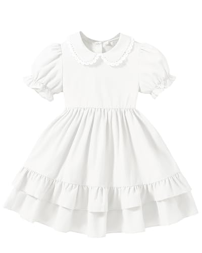 JiAmy Mädchenkleid Puffärmeln Kinder Sommerkleid Peter-Pan-Kragen Vintage Prinzessinnenkleid Doppel-Rüschensaum Etagenkleid für Kleinkinder 3-4 Jahre, Weiß von JiAmy