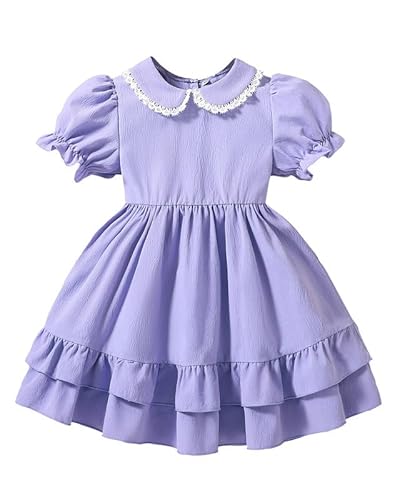 JiAmy Mädchenkleid Puffärmeln Kinder Sommerkleid Peter-Pan-Kragen Vintage Prinzessinnenkleid Doppel-Rüschensaum Etagenkleid für Kleinkinder 3-4 Jahre,Violett von JiAmy