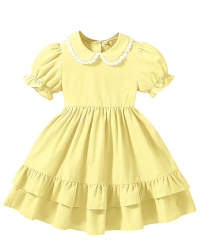 JiAmy Mädchenkleid Puffärmeln Kinder Sommerkleid Peter-Pan-Kragen Vintage Prinzessinnenkleid Doppel-Rüschensaum Etagenkleid für Kleinkinder 6-7 Jahre, Gelb von JiAmy