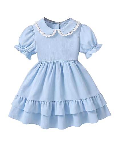 JiAmy Mädchenkleid Puffärmeln Kinder Sommerkleid Peter-Pan-Kragen Vintage Prinzessinnenkleid Doppel-Rüschensaum Etagenkleid für Kleinkinder 6-7 Jahre, Himmelblau von JiAmy