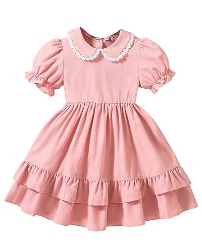 JiAmy Mädchenkleid Puffärmeln Kinder Sommerkleid Peter-Pan-Kragen Vintage Prinzessinnenkleid Doppel-Rüschensaum Etagenkleid für Kleinkinder 6-7 Jahre, Rosa von JiAmy