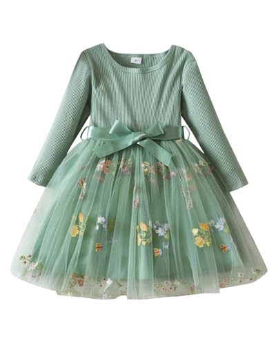 JiAmy Mädchenkleider Langarm Rippstrick Tüllkleider Fliegende Ärmel Tüllkleid für Mädchen Kinderkleid mit Blumenstickereimit für 1-2 Jahre,Grün von JiAmy