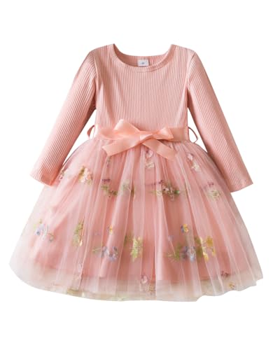 JiAmy Mädchenkleider Langarm Rippstrick Tüllkleider Fliegende Ärmel Tüllkleid für Mädchen Kinderkleid mit Blumenstickereimit für 5-6 Jahre,Rosa von JiAmy