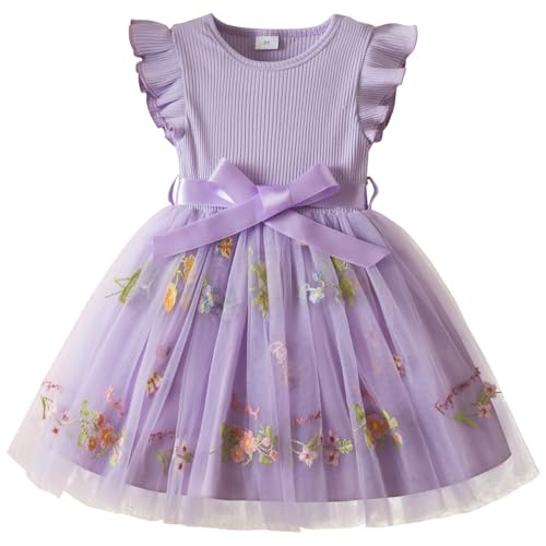 JiAmy Mädchenkleider Rippstrick Tüllkleider Fliegende Ärmel Tüllkleid für Mädchen Kinderkleid mit Blumenstickereimit für 3-4 Jahre,Lila von JiAmy