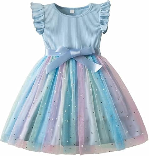 JiAmy Mädchenkleider Rippstrick Tüllkleider Pailletten Frühling Fliegende Ärmel Regenbogen Kinderkleid für 5-6 Jahre,Blau von JiAmy