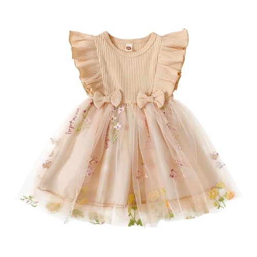 JiAmy Mädchenkleider Rippstrick Tüllkleider Fliegende Ärmel Tüllkleid für Mädchen Kinderkleid mit Blumenstickereimit für 1-2 Jahre,Beige Blume von JiAmy