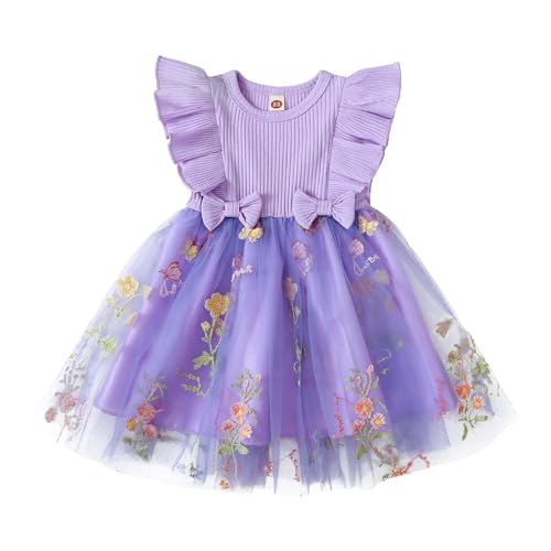 JiAmy Mädchenkleider Rippstrick Tüllkleider Fliegende Ärmel Tüllkleid für Mädchen Kinderkleid mit Blumenstickereimit für 2-3 Jahre,Violett Blume von JiAmy