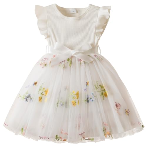 JiAmy Mädchenkleider Rippstrick Tüllkleider Pailletten Frühling Fliegende Ärmel Regenbogen Kinderkleid Weiß,70 von JiAmy