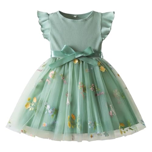 JiAmy Mädchenkleider Rippstrick Tüllkleider Pailletten Frühling Fliegende Ärmel Regenbogen Kinderkleid von JiAmy