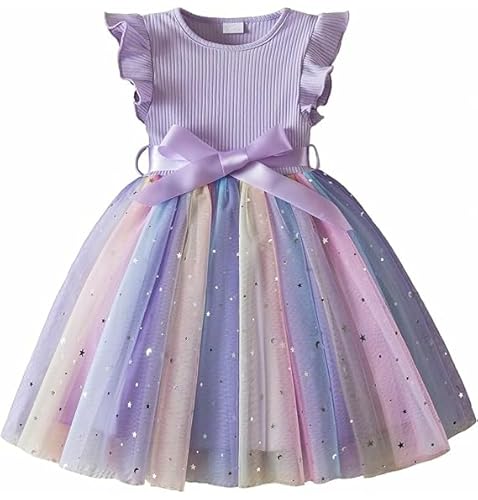 JiAmy Mädchenkleider Rippstrick Tüllkleider Pailletten Frühling Fliegende Ärmel Regenbogen Kinderkleid für 2-3 Jahre,Lila von JiAmy