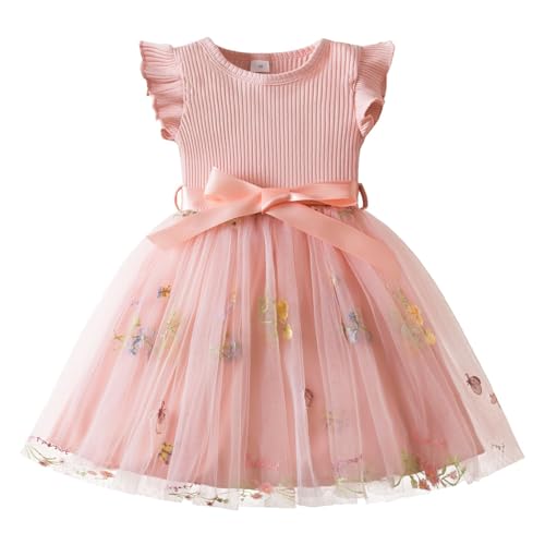 JiAmy Mädchenkleider Rippstrick Tüllkleider Fliegende Ärmel Tüllkleid für Mädchen Kinderkleid mit Blumenstickereimit für 2-3 Jahre,Rosa von JiAmy
