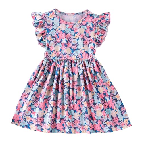 JiAmy Mädchenkleider Rundhals Cartoon-Print Kleid Flatterärmel Lässiges A-Linien-Pullover Kinderkleid für 8-9 Jahre, Rosa von JiAmy