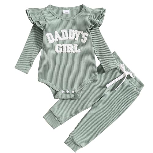 JiAmy Neugeborene Baby Mädchen Kleidung Rüschen Langarm Spitze Strampler Daddys Girl Bodysuit und Lange Hosen 2tlg Outfits für 0-3 Monate, Grün von JiAmy