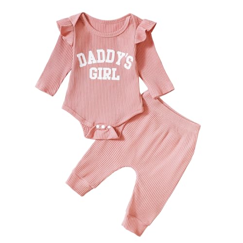 JiAmy Neugeborene Baby Mädchen Kleidung Rüschen Langarm Spitze Strampler Daddys Girl Bodysuit und Lange Hosen 2tlg Outfits für 3-6 Monate Dunkelrosa von JiAmy