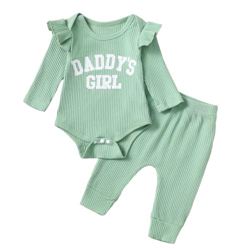 JiAmy Neugeborene Baby Mädchen Kleidung Rüschen Langarm Spitze Strampler Daddys Girl Bodysuit und Lange Hosen 2tlg Outfits für 6-9 Monate Hellgrün von JiAmy