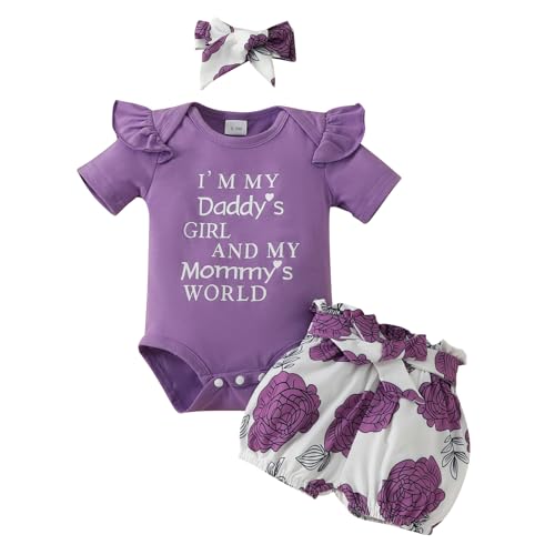 JiAmy Neugeborene Baby Mädchen Kleidung Set, Rüschen Kurzarm Spitze Strampler Daddy's Girl Bodysuit Kurze Hosen mit Stirnband 3tlg Outfits für 0-3 Monate, Lila von JiAmy