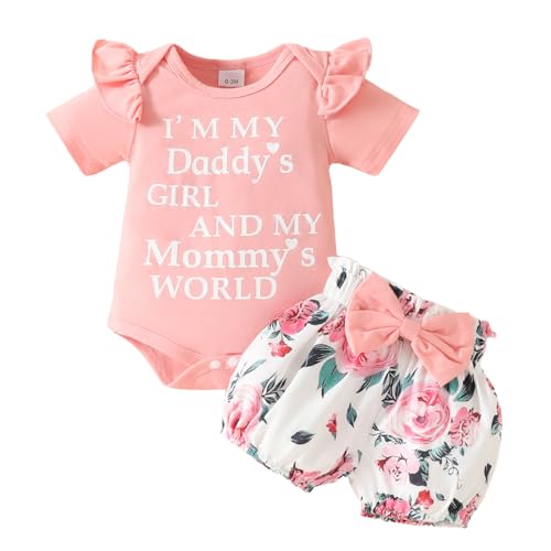 JiAmy Neugeborene Baby Mädchen Kleidung Set, Rüschen Kurzarm Spitze Strampler Daddy's Girl Bodysuit Kurze Hosen mit Stirnband 3tlg Outfits für 12-18 Monate hellrosa von JiAmy