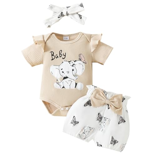 JiAmy Neugeborene Outfit Set 3tlg, Baby Mädchen Rüschen Spitze Strampler mit Elefanten Gedruckt Bodysuit Kurze Hose mit Stirnband für 3-6 Monate, Beige von JiAmy