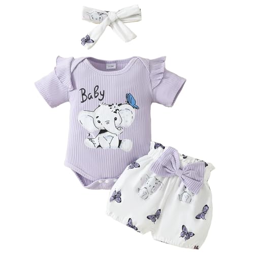 JiAmy Neugeborene Outfit Set 3tlg, Baby Mädchen Rüschen Spitze Strampler mit Elefanten Gedruckt Bodysuit Kurze Hose mit Stirnband für 9-12 Monate, Lila von JiAmy