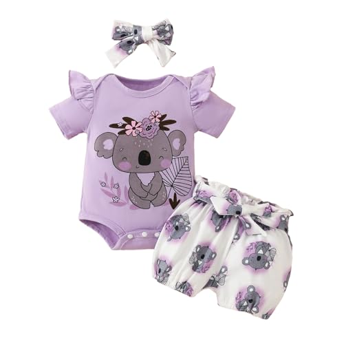 JiAmy Neugeborene Outfit Set 3tlg, Baby Mädchen Rüschen Spitze Strampler mit Koala Gedruckt Bodysuit Kurze Hose mit Stirnband für 0-3 Monate, Lila von JiAmy