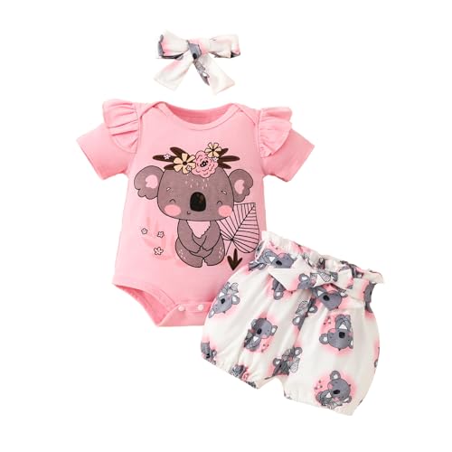 JiAmy Neugeborene Outfit Set 3tlg, Baby Mädchen Rüschen Spitze Strampler mit Koala Gedruckt Bodysuit Kurze Hose mit Stirnband für 6-9 Monate, Rosa von JiAmy