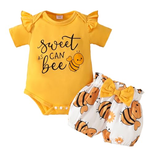 JiAmy Neugeborene Outfit Set 3tlg, Baby Mädchen Rüschen Spitze Strampler mit Tier Gedruckt Bodysuit Kurze Hose mit Stirnband für 6-9 Monate Gelb von JiAmy