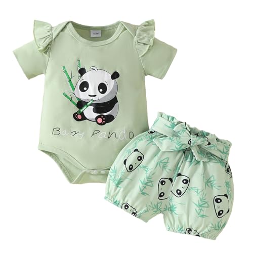 JiAmy Neugeborene Outfit Set 3tlg, Baby Mädchen Rüschen Spitze Strampler mit Tier Gedruckt Bodysuit Kurze Hose mit Stirnband für 6-9 Monate hellgrün von JiAmy