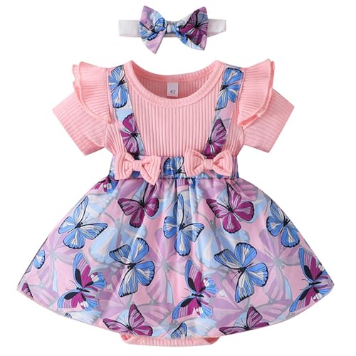 JiAmy Neugeborenes Baby Mädchen Kleidung 2tlg Rüschen Kurzarm Strampler Kleid Hosenträger + Stirnband Outfits für 9-12 Monate, Rosa von JiAmy