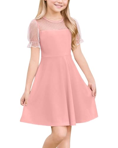 JiAmy Kleider für Mädchen Tüll Puffärmel Süßes Kinder Kleid Mädchen Sommerkleid Einfarbig Knielang Partykleider Leicht Freizeitkleid für 5–6 Jahre, Rosa (Etikett:120) von JiAmy