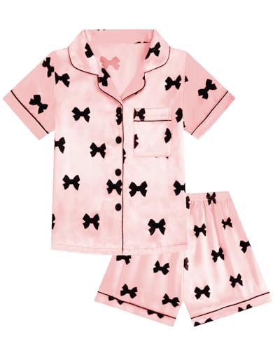 JiAmy Pyjamas Mädchen Kurzarm Schlafanzug Sets Sommer Kinder Satin Pjs 2 Stück Button Down Teenager Nachtwäsche Bow Print Loungewear Set 150,Dunkelrosa von JiAmy