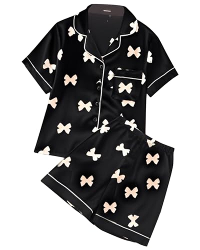 JiAmy Pyjamas Mädchen Kurzarm Schlafanzug Sets Sommer Kinder Satin Pjs 2 Stück Button Down Teenager Nachtwäsche Bow Print Nachtwäsche Alter 11-12,Schwarz von JiAmy