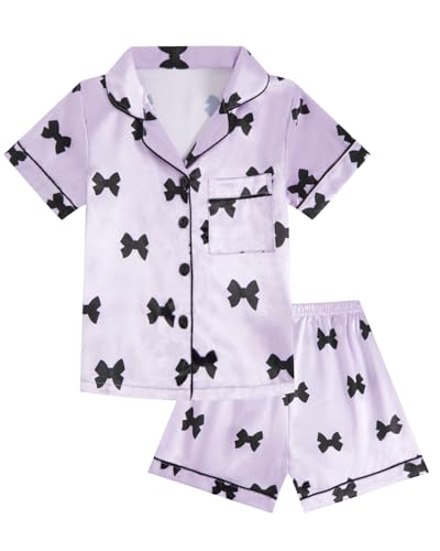 JiAmy Pyjamas Mädchen Kurzarm Schlafanzug Sets Sommer Kinder Satin Pjs 2 Stück Button Down Teenager Nachtwäsche Bow Print Nachtwäsche Alter 11-12,Violett von JiAmy
