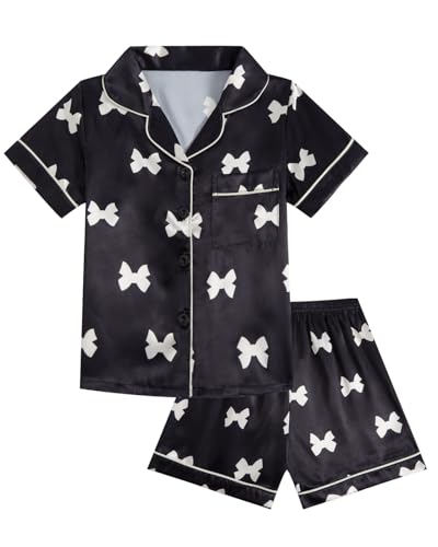 JiAmy Pyjamas Mädchen Kurzarm Schlafanzug Sets Sommer Kinder Satin Pjs 2 Stück Button Down Teenager Nachtwäsche Bow Print Nachtwäsche Alter 8,Schwarz von JiAmy