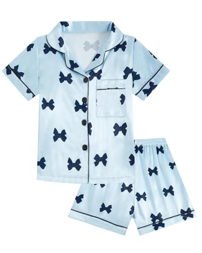 JiAmy Pyjamas Mädchen Kurzarm Schlafanzug Sets Sommer Kinder Satin Pjs 2 Stück Button Down Teenager Nachtwäsche Bow Print Nachtwäsche Alter 9,Blau von JiAmy