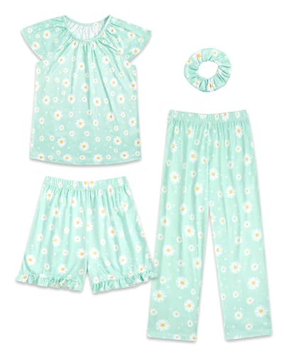 JiAmy Pyjamas Mädchen Schlafanzug Mädchen Kurzarm Lange Hose Niedliche Drucken 4-Teilig Schlafanzüge Nachtwäsche Pyjama Set 150,Weißes Gänseblümchen von JiAmy