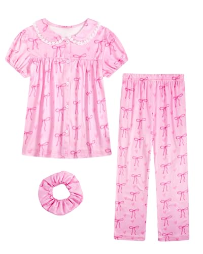 JiAmy Pyjamas Mädchen Sommer 3 Stück Schlafanzug Set Gedruckt Pjs Button Down Schlafanzüge Sommer Nachtwäsche Loungewear-Sets für Kinder 11-12 Jahre,Rosa Bow von JiAmy