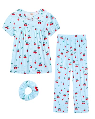 JiAmy Pyjamas Mädchen Sommer 3 Stück Schlafanzug Set Gedruckt Pjs Button Down Schlafanzüge Sommer Nachtwäsche Loungewear-Sets für Kinder 5-6 Jahre,Blaue Kirsche von JiAmy