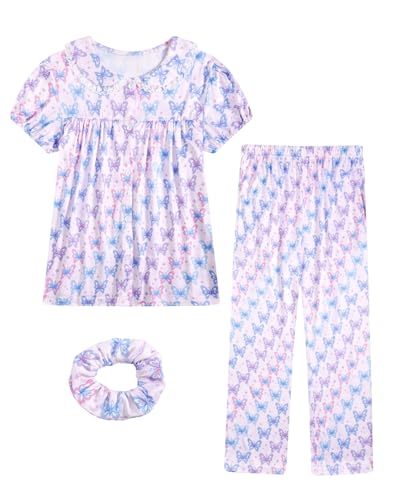 JiAmy Pyjamas Mädchen Sommer 3 Stück Schlafanzug Set Gedruckt Pjs Button Down Schlafanzüge Sommer Nachtwäsche Loungewear-Sets für Kinder 9-10 Jahre,Violett Bogen von JiAmy