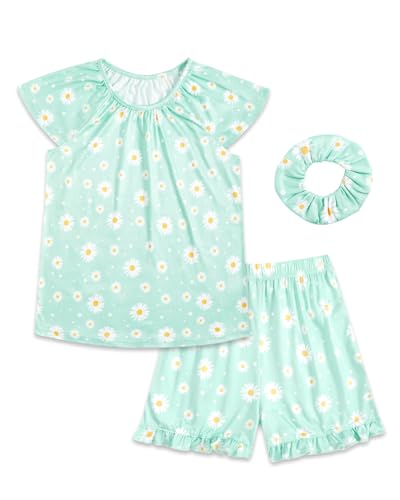 JiAmy Pyjamas Mädchen Sommer Pyjama Kinder 3 Stück Schlafanzug Mädchen Set Kurze Ärmel Gedruckt Kinder Casual Loungewear Set Sleepwear Girls für 5-6 Jahre,Weißes Gänseblümchen von JiAmy