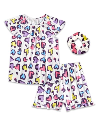 JiAmy Pyjamas Mädchen Sommer Pyjama Kinder 3 Stück Schlafanzug Mädchen Set Kurze Ärmel Gedruckt Kinder Casual Loungewear Set Sleepwear Girls für 7-8 Jahre,Liebesherz von JiAmy