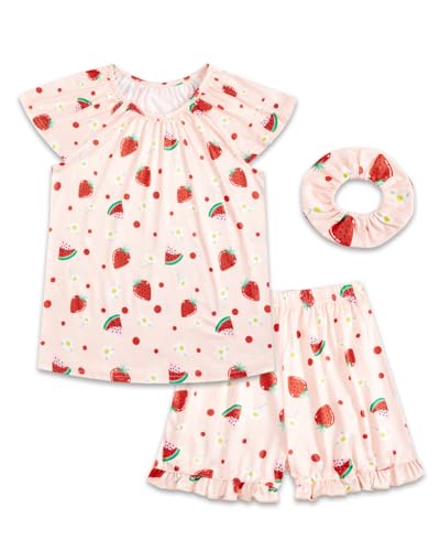 JiAmy Pyjamas Mädchen Sommer Pyjama Kinder 3-Teilig Kurzarm Schlafanzug Niedliche Drucken Pyjamas Sets Schlafanzüge für Kinder 130,Rote Erdbeere von JiAmy