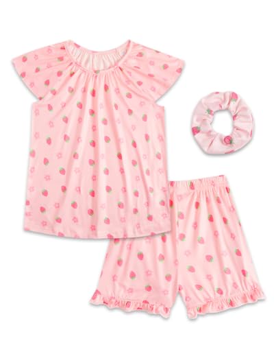 JiAmy Pyjamas Mädchen Sommer Pyjama Kinder 3-Teilig Kurzarm Schlafanzug Niedliche Drucken Pyjamas Sets Schlafanzüge für Kinder 120,Rosa Erdbeere von JiAmy